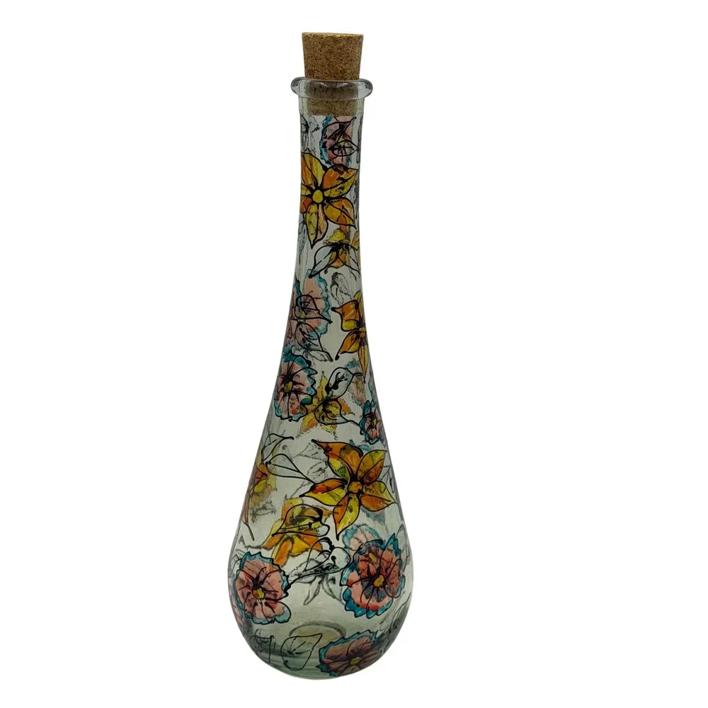 Hand Painted Floral Glass Bottle Home DecorCork Stopper England Artisanal 10in